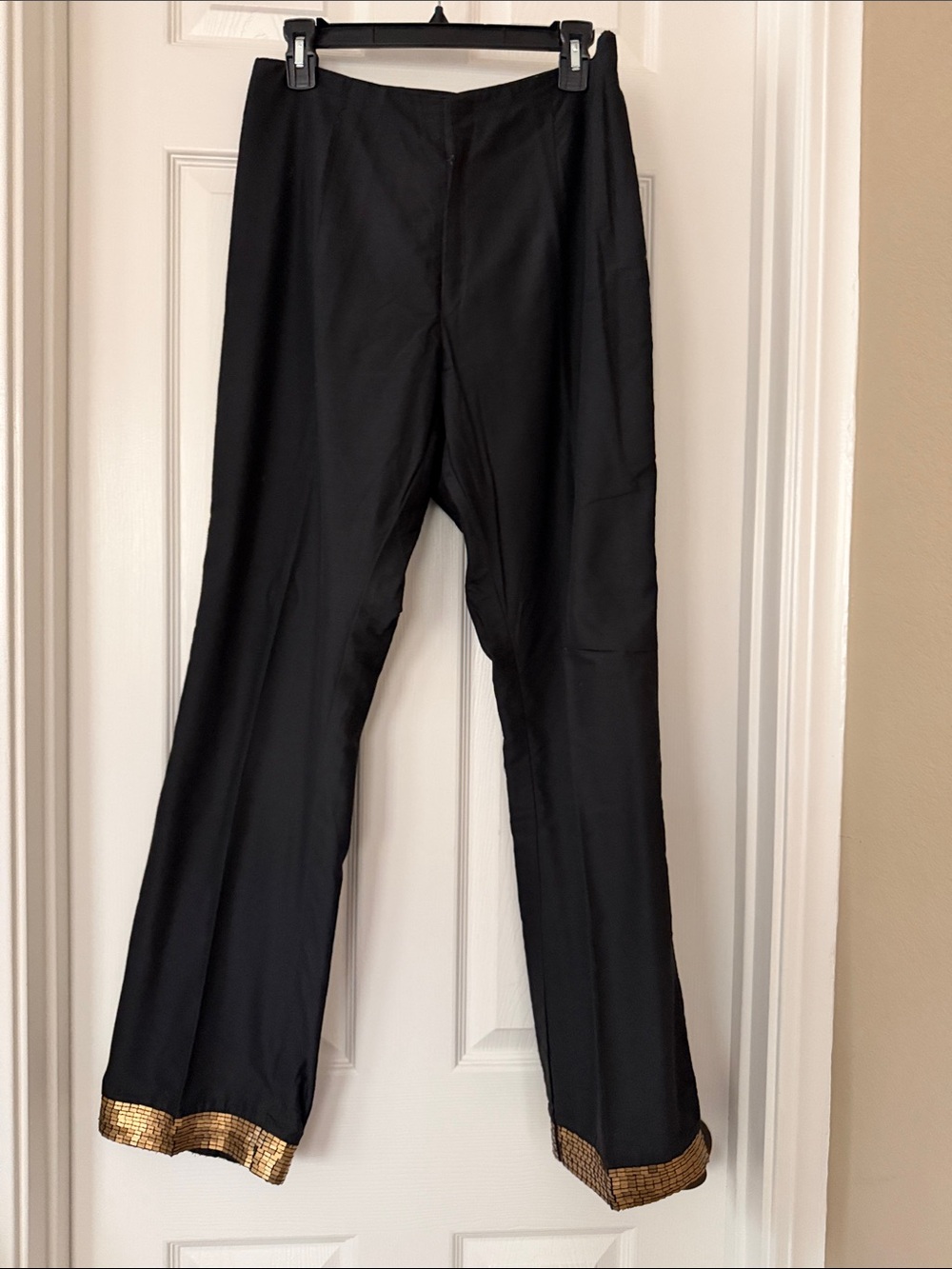 Women’s Black Silk Dress Pants with Gold sequined Hem all around.